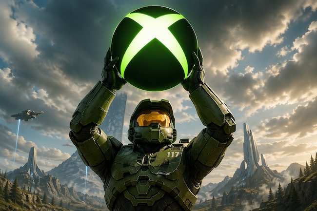 „Spartan-Soldat hebt Xbox Logo in die Höhe – Symbol für neue Xbox-Ausrichtung“ Xbox, Xbox 360, Xbox, Gamepass
