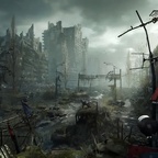 Dunkle, zerstörte Metro-Station mit verlassenen Waggons in Metro 2039