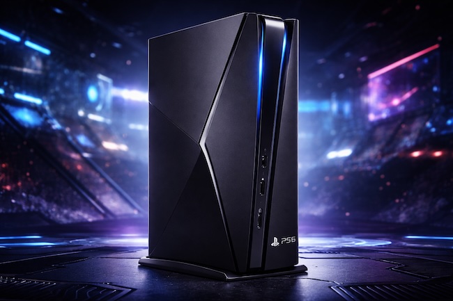 PlayStation 6 (PS6) Konsole schwarz, vertikal stehend, modernes eckiges Design mit futuristischem Gaming Hintergrund